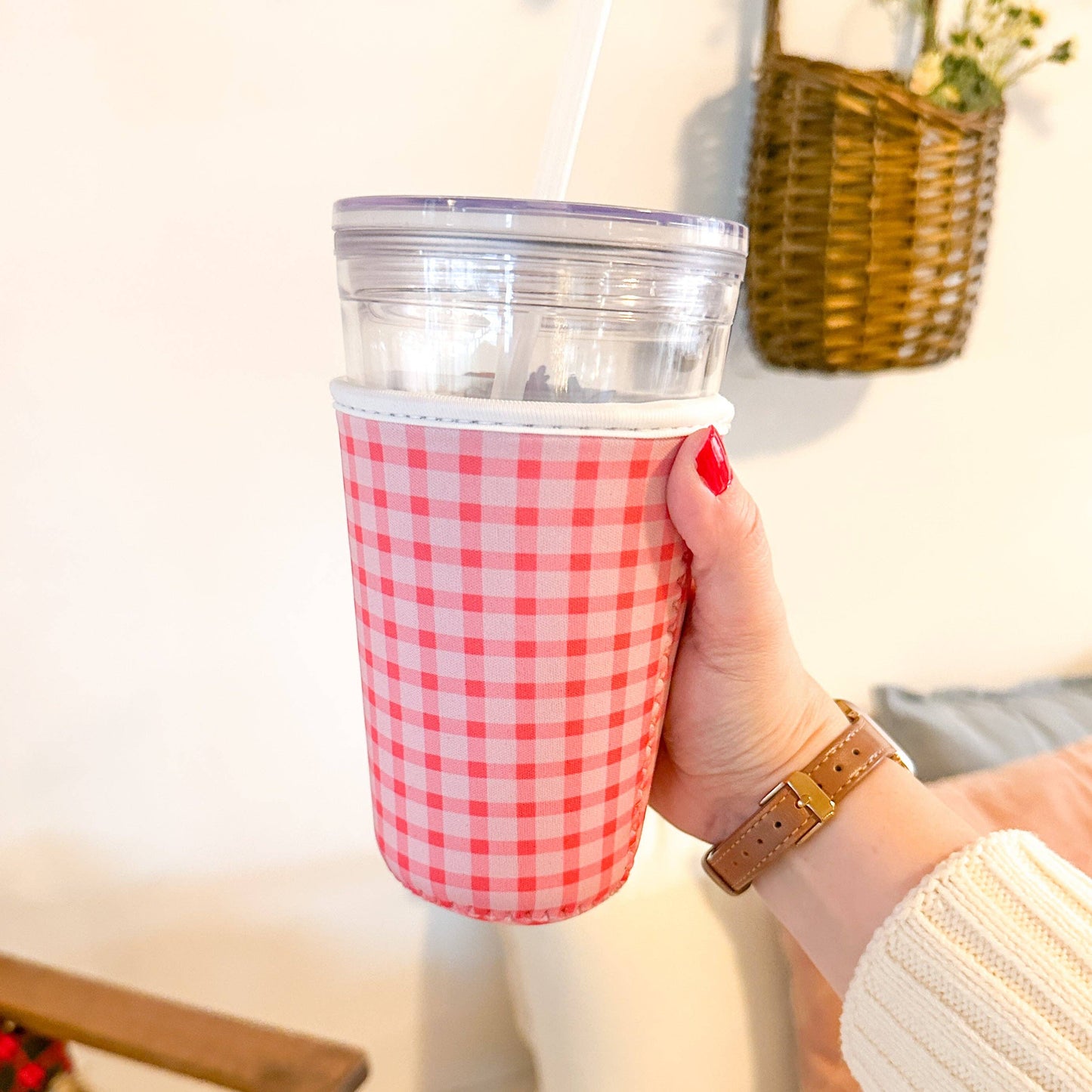 Pink Gingham Iced Coffee Sleeve