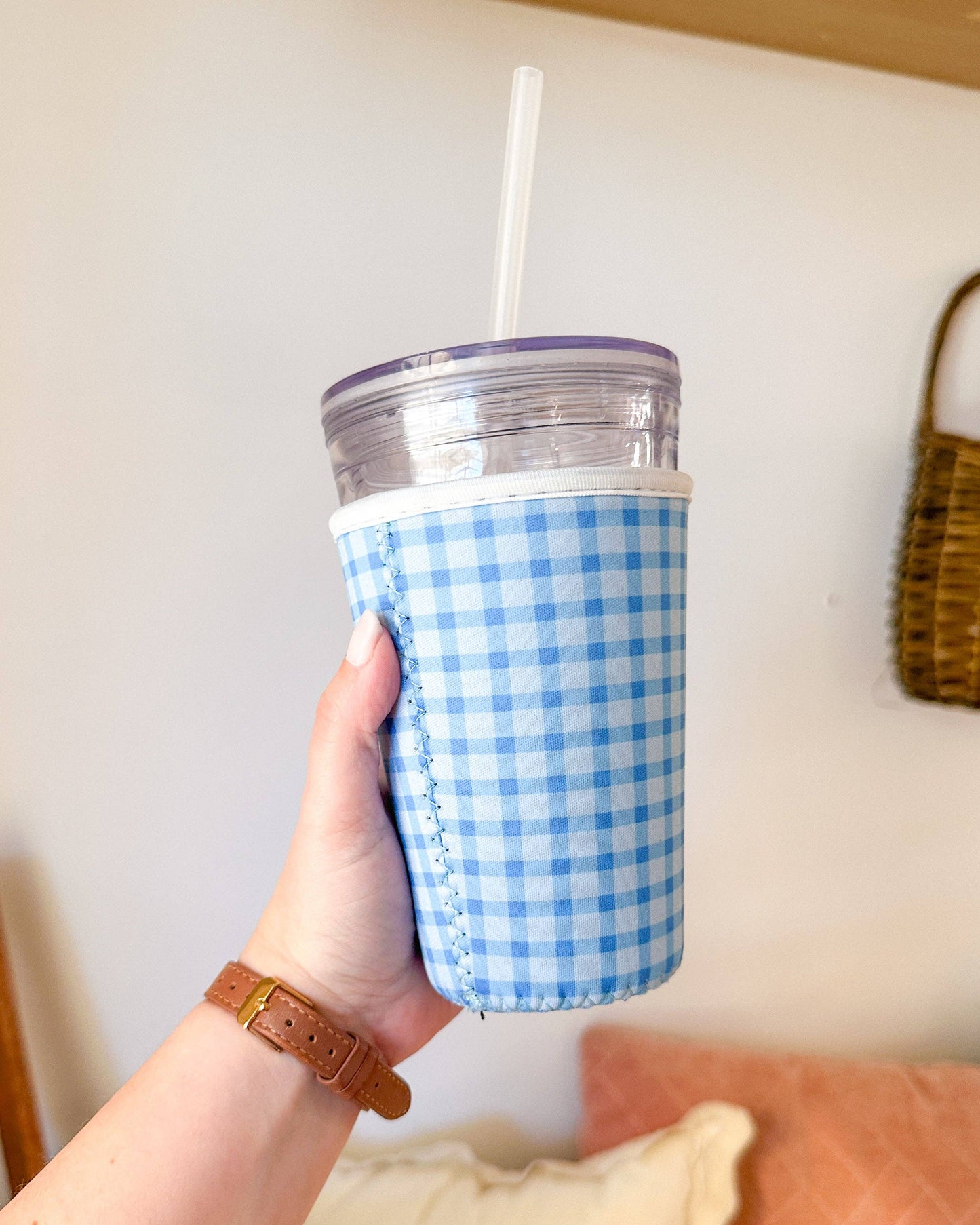Blue Gingham Iced Coffee Sleeve