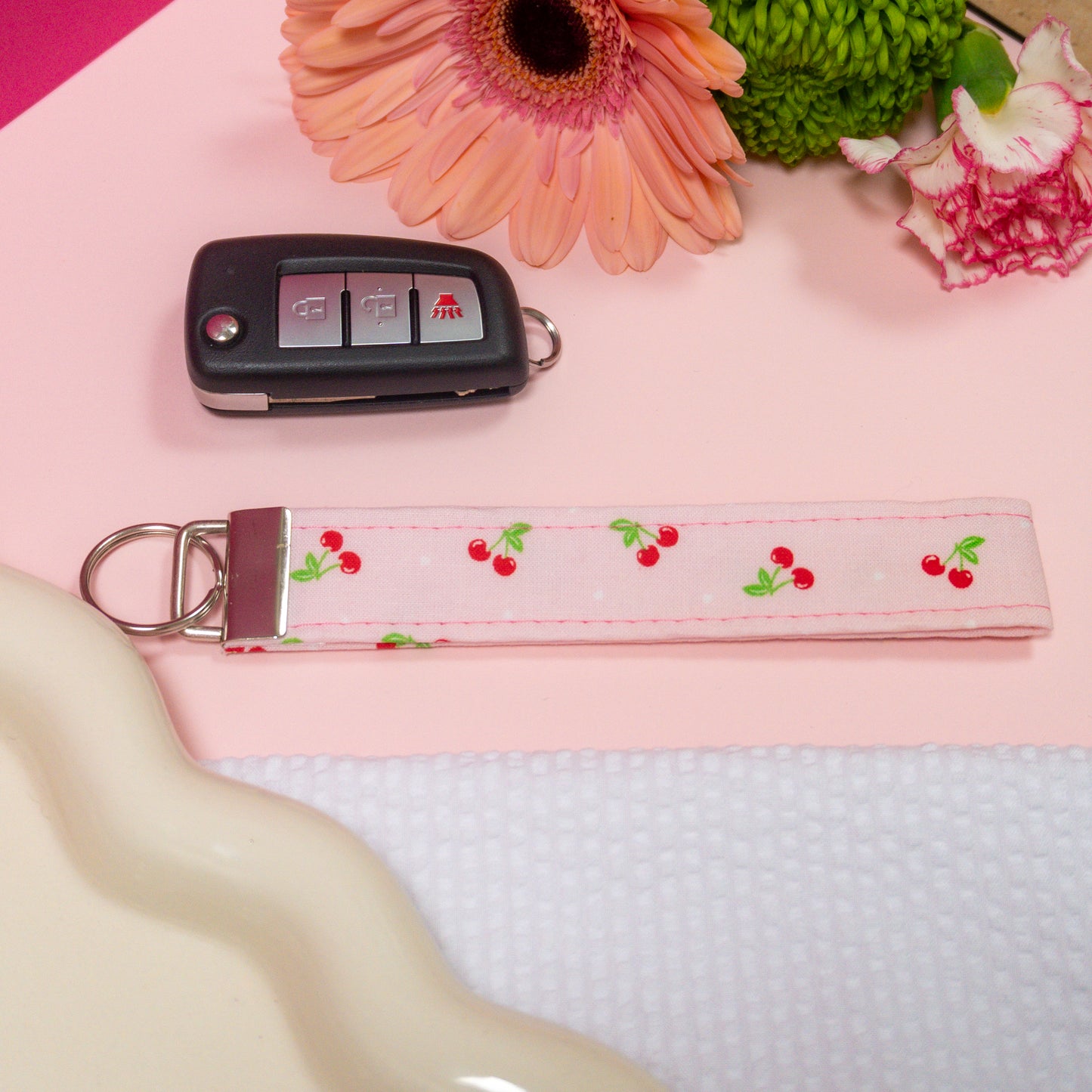 Key Fobs - Baby Pink Cherries Handmade Keychain