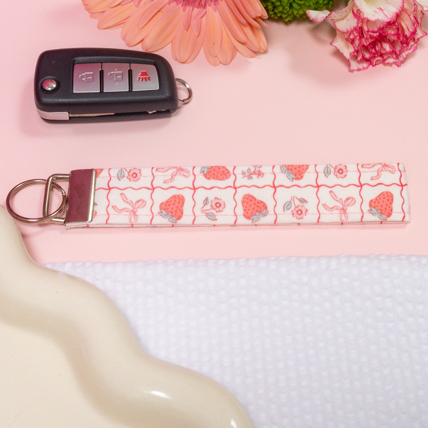 Key Fobs -Strawberries and Bows Handmade Keychain