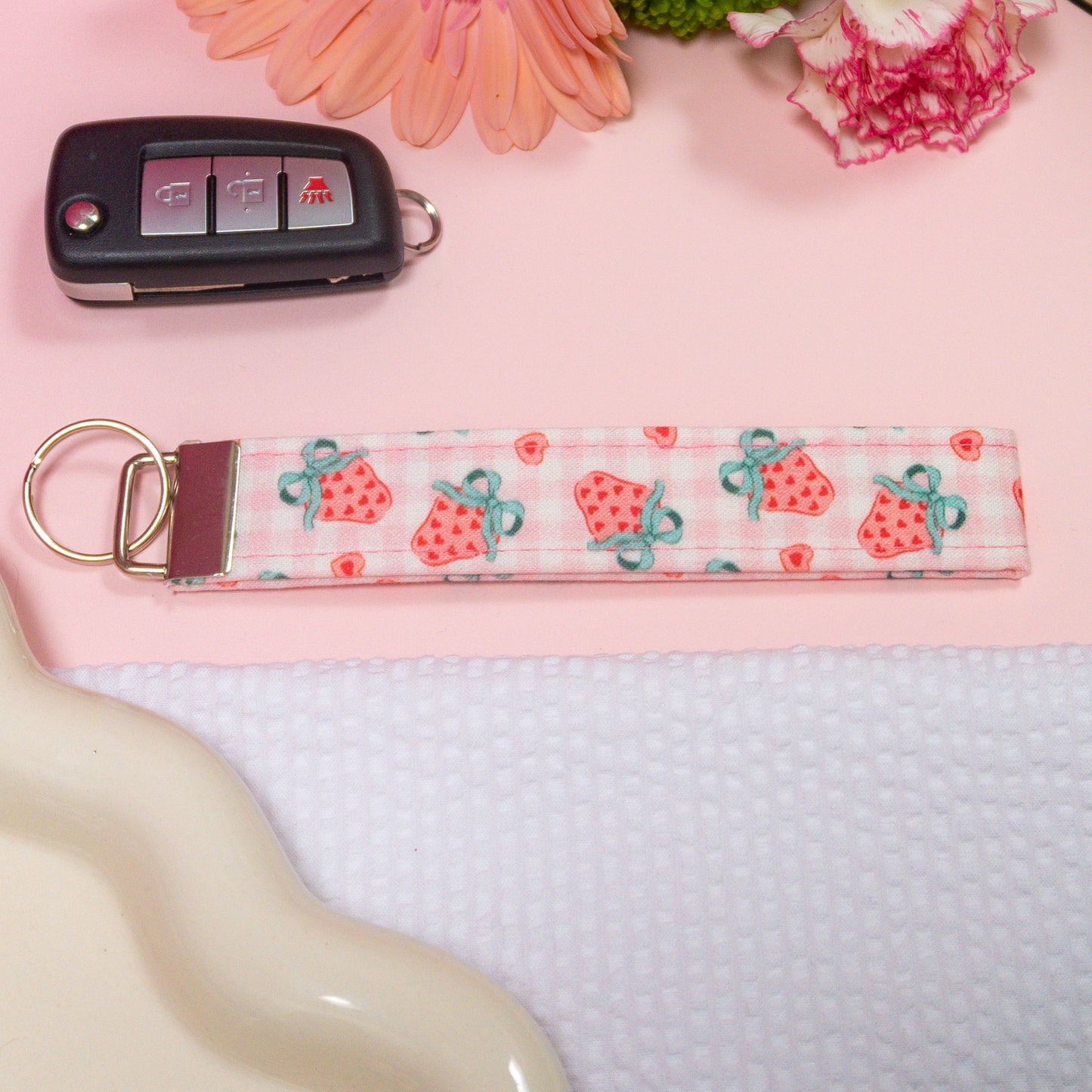Key Fobs -Strawberry Gingham Handmade Keychain