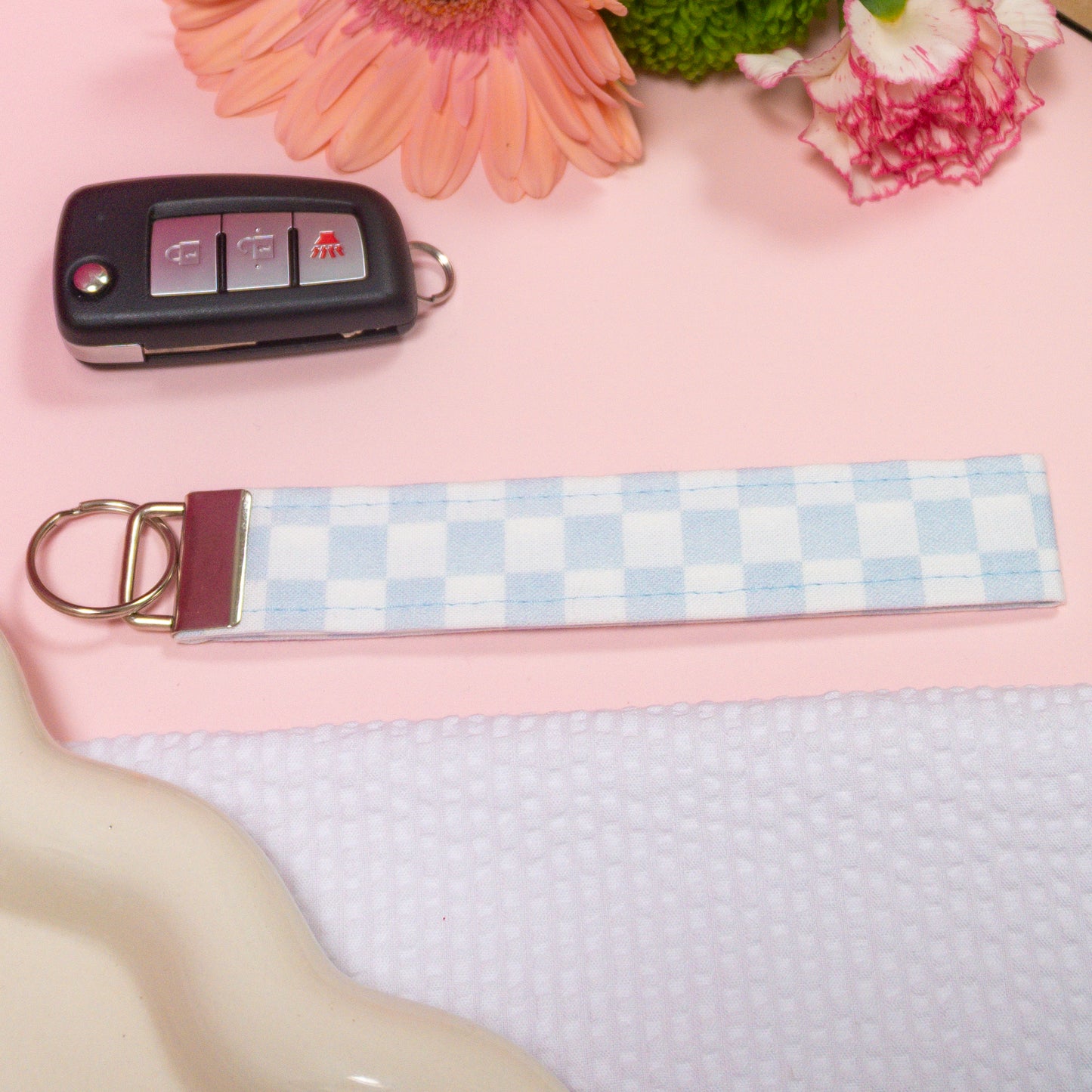 Key Fobs - Baby Blue Check Handmade Keychain