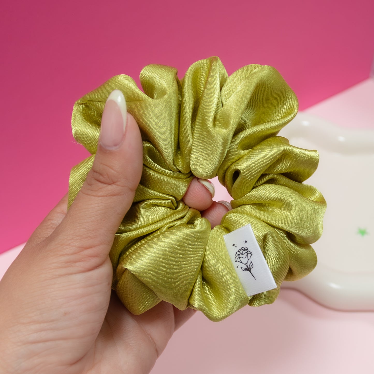 Classic Pea Green Satin Scrunchie